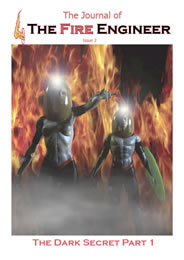 Cover of Issue 2 of the fire engineers journal showing the fire engineer and firefly full figures in smoke with a flaming background