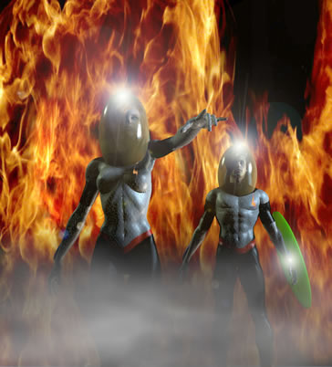 Illustation of the fire engineer and firefly standing with flames in the background