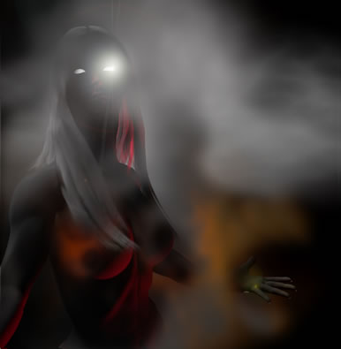 Illustration of 'smoke'. A female figure seeminglmade of smoke.y 