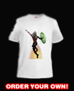 image of fire engineer t shirt - fire engineer is shown leaping with a flame and smoke in background on a white t shirt.